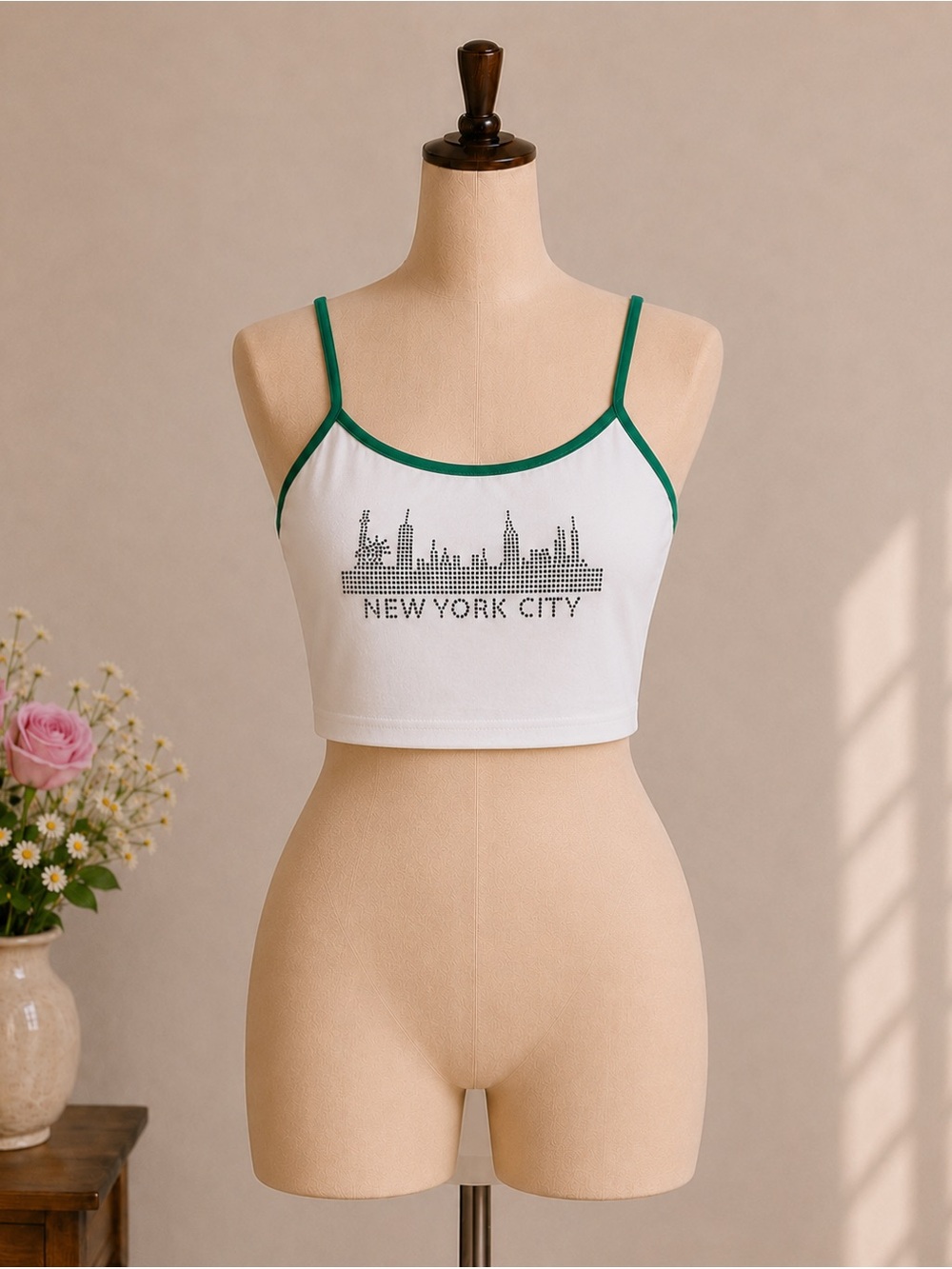 Others Follow White Crop Tank with Green Trim - New York City Graphic